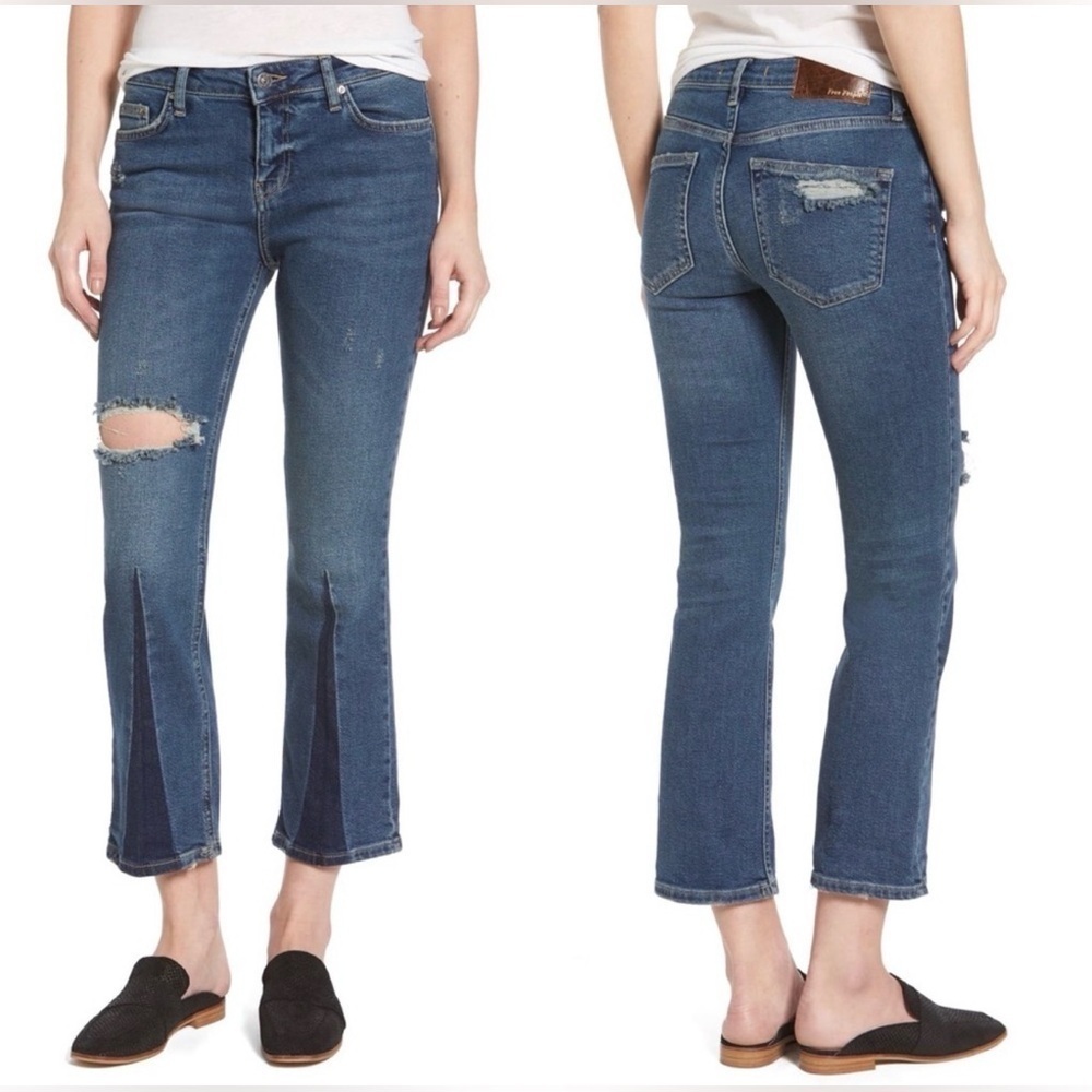 Free People Women’s Colorblock Cropped Flare Jeans Blue Sz 31
